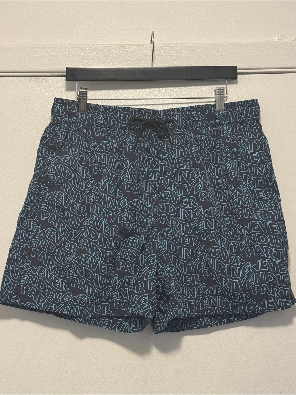 Black Swim Shorts with All-Over Teal 'Never Ending Party' Print Size: XL